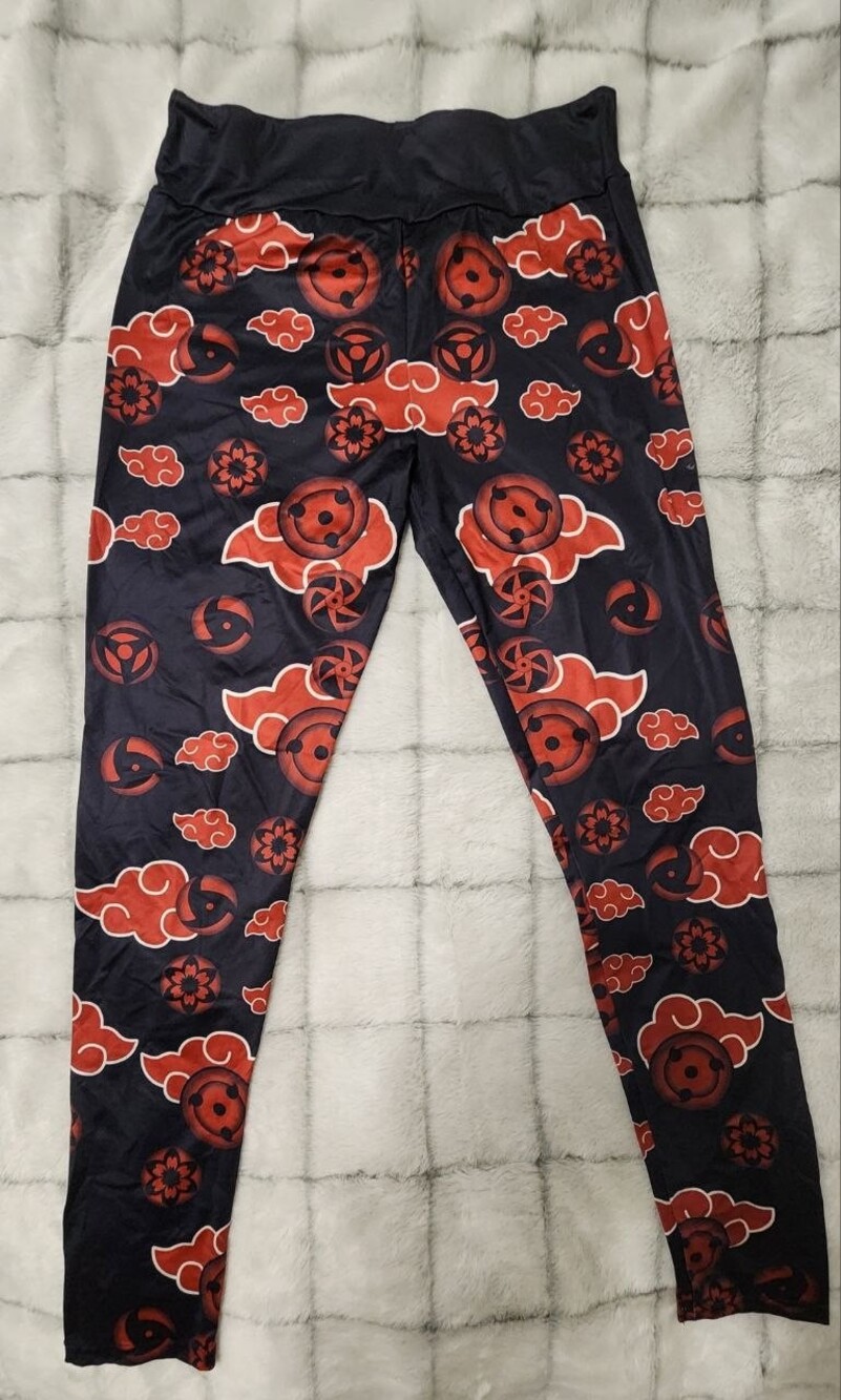 Naruto Akatsuki Leggings Black Red Anime Patterned Stretch Pants - Womens Medium
